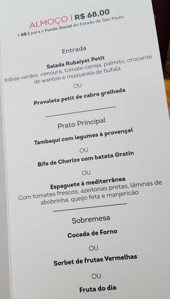 Menu especial de A Figueira Rubaiyat para o São Paulo Restaurant Week