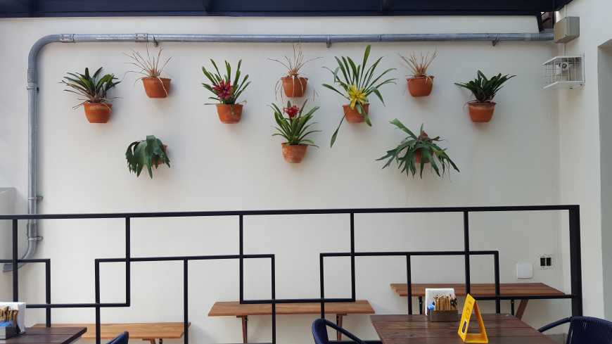 Vasos de flores pendurados dão um charme ao Kez Bagel & Café
