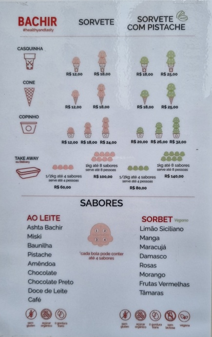 Menu da sorveteria Bachir